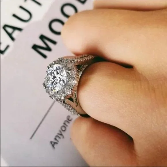 NEW 925 STERLING SILVER ROUND DIAMOND HALO RING, CUTE RING, SHINY RING. - Picture 6 of 8